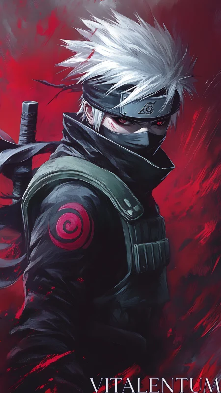 Mysterious masked ninja stands amid swirling crimson storm.