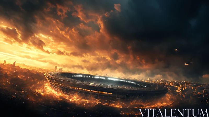 Futuristic stadium encircled by apocalyptic urban inferno.