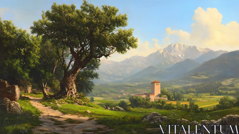 Sunlit country path winding toward a peaceful valley tower.