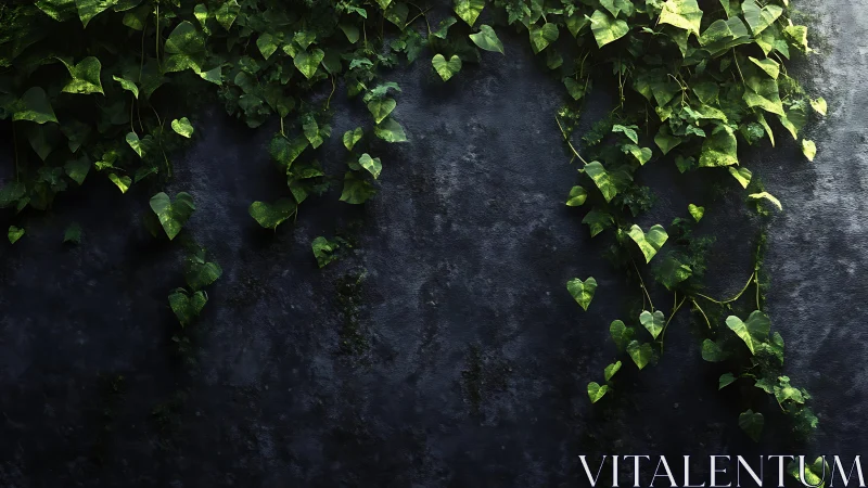 Ivy foliage cascading over textured shadowed concrete wall.