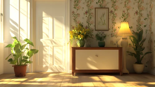 Sunlit floral interior renders soft shadows on wooden floor