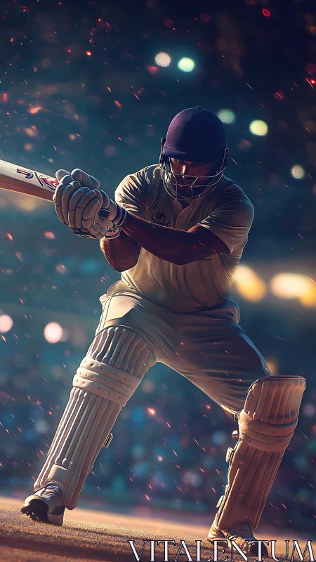 Night stadium blaze as cricket batter carves a fierce drive.