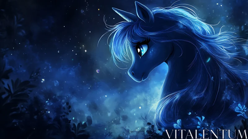Luminous blue unicorn profile in ethereal night forest.