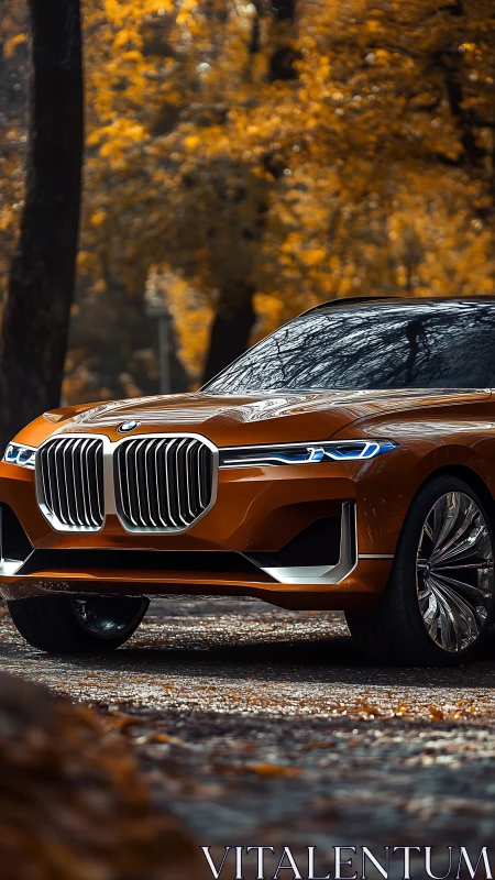 Copper luxury SUV front view in autumn forest light.