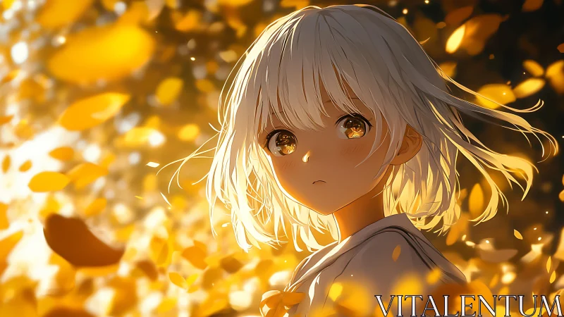 Girl with short white hair stands amid glowing falling leaves