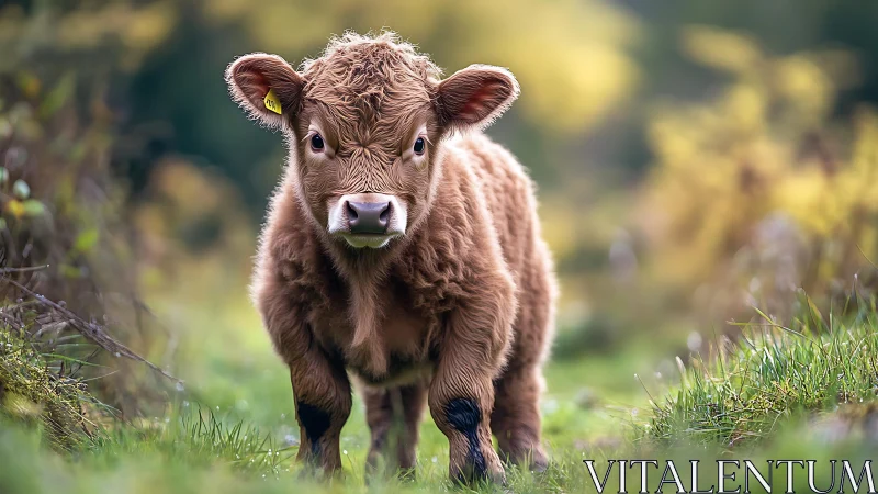 Fluffy meadow calf marching forward with soft stubborn charm.