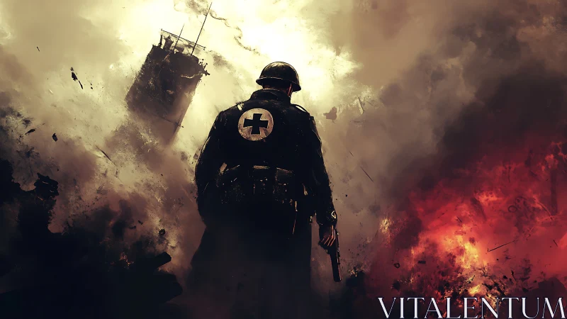 Combat medic strides through firelit ruin and shattering smoke.