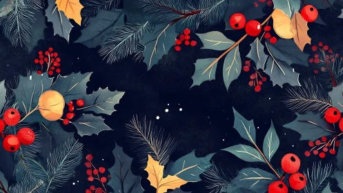 Winter holly branches frame deep midnight navy background.