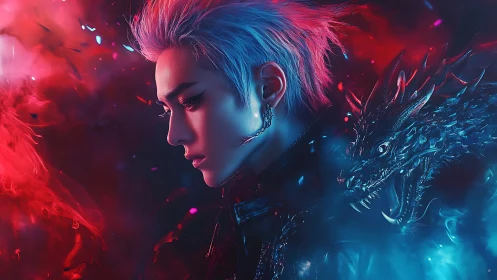 Dragon-bonded wanderer in neon storms of fire and frost.