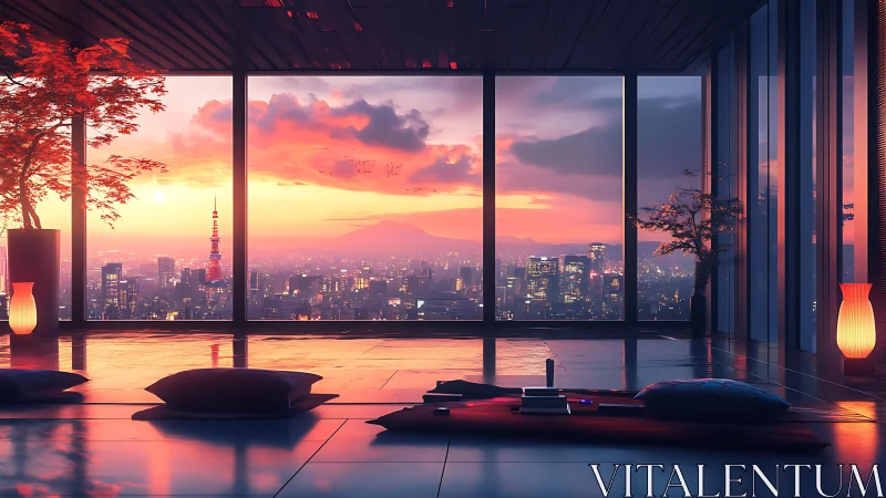 City sunset viewed from minimalist high-rise lounge.