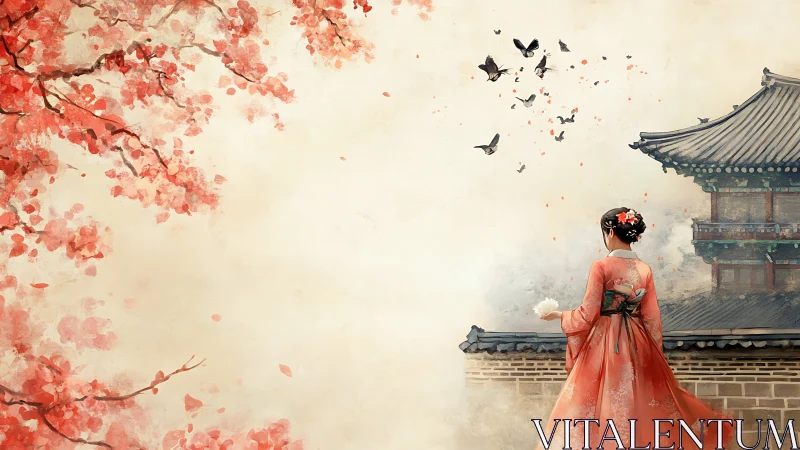 Digital painting of hanbok figure in serene temple courtyard.