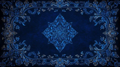 Ornate sapphire mandala ornament anchors a baroque floral frame