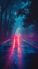 Neon mist floods a rainy forest road with electric solitude