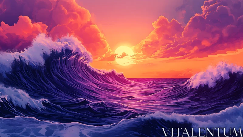 Large stylized ocean waves rise under a saturated sunset sky