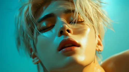 Sensual close-up portrait glows under teal and gold light