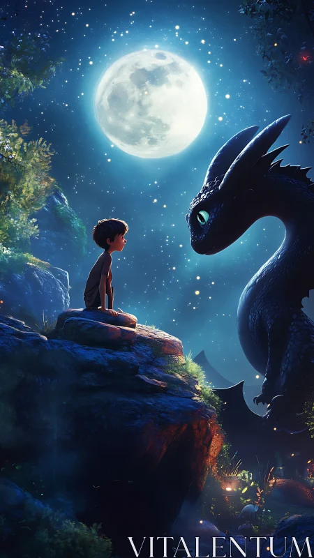 Moonlit pact between small dreamer and midnight dragon.