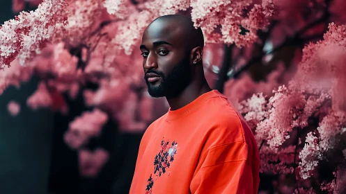 Portrait of man in orange sweatshirt among pink blossoms.