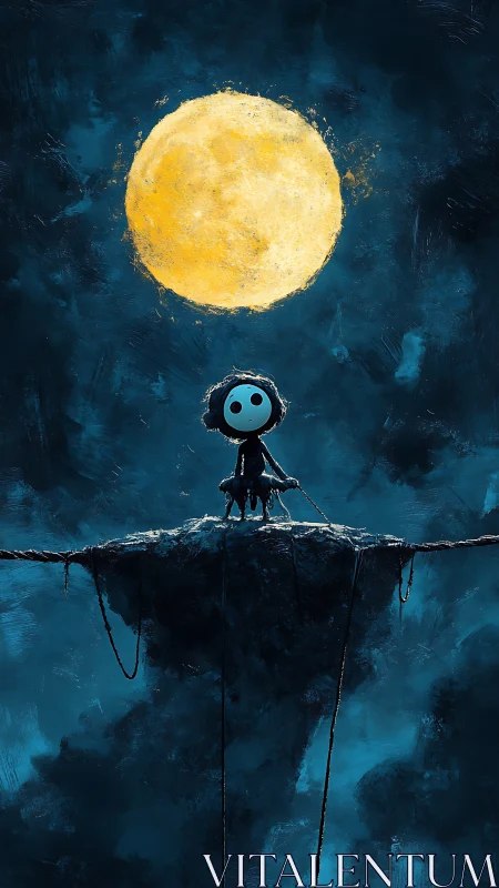 Childlike figure under bright moon on dark cliff at night.