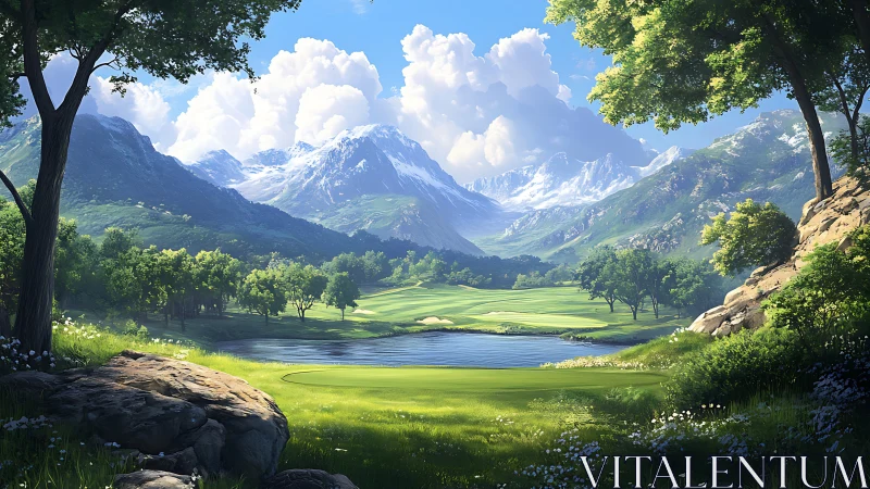 Mountain valley golf course with lake and distant snow peaks.