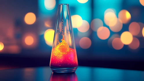 Luminous glass flask with neon bokeh and suspended glowing fluid