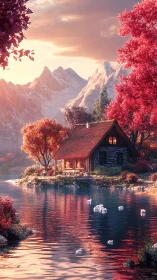 Golden hour wraps a lakeside mountain cabin in gentle warmth