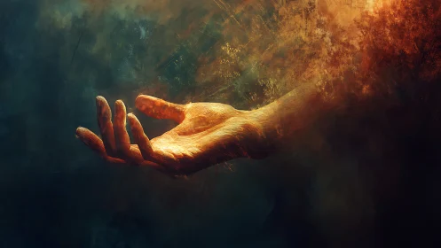 Outstretched luminous hand emerging from abstract darkness.