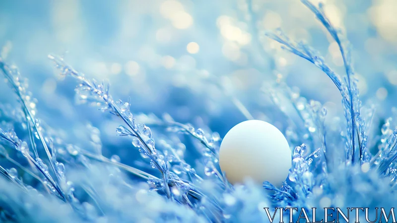 Single spherical object rests among frosted blue foliage