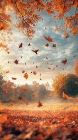 Whirling autumn leaves over misty golden woodland meadow.