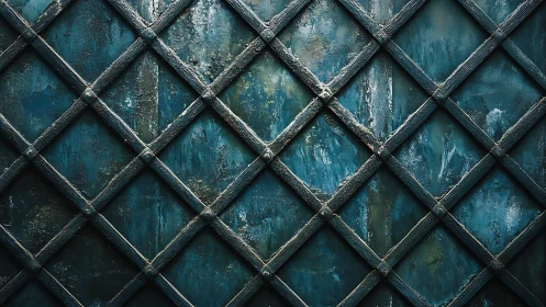 Weathered Blue Metal Diamond Grid Patterned Industrial Surface.