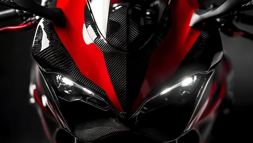 Predator headlights slice the dark on a carbon red superbike