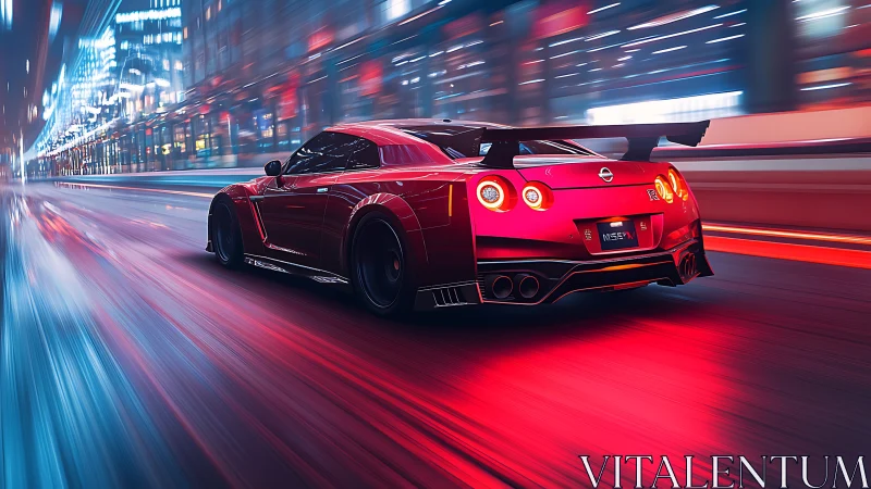 Red Nissan GT-R racing through neon lit urban tunnel at speed