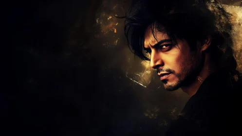 Brooding man in golden shadows exudes mysterious intensity.