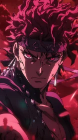 Male anime fighter in red-tinted dramatic close-up portrait.