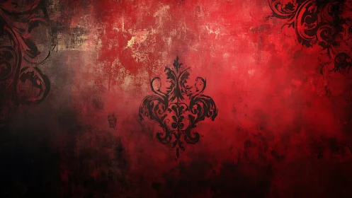Grunge red damask ornament with distressed vignette texture.