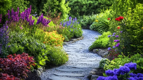Stone garden path through dense colorful flower borders.