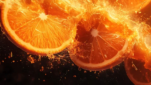 Citrus slices in dynamic splash under dramatic backlight.