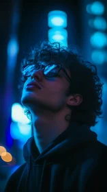 Low-key night portrait under cyan bokeh neon columns