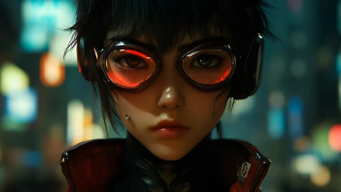 Cyberpunk youth with red goggles stares at viewer