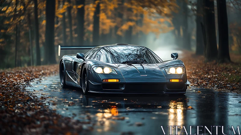 Low sports car is positioned on wet forest road at dusk