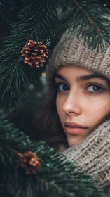 Winter portrait captures serene gaze framed by pine branches