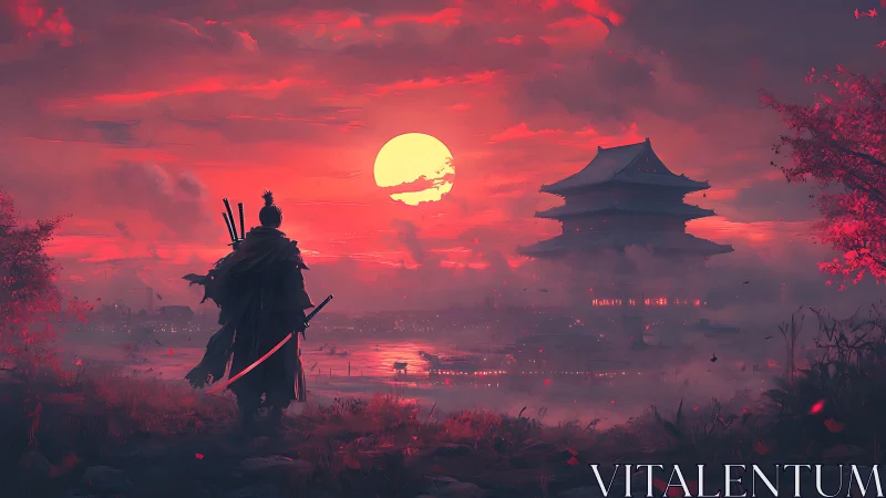 Samurai silhouette observes misty temple under red sunset