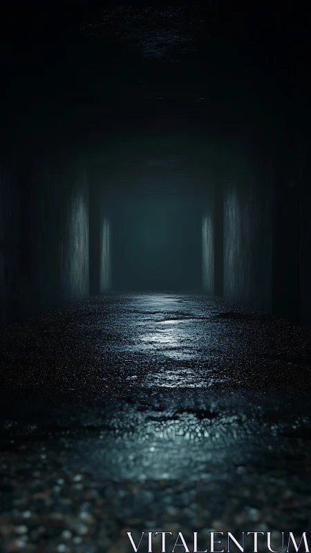 Wet corridor perspective with moody volumetric backlighting.