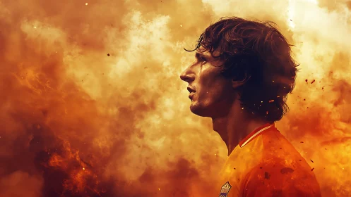 Profile portrait of soccer player amid blazing orange smoke