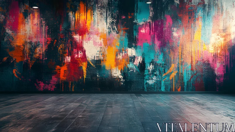 Vibrant abstract graffiti mural on textured wall in modern interior.