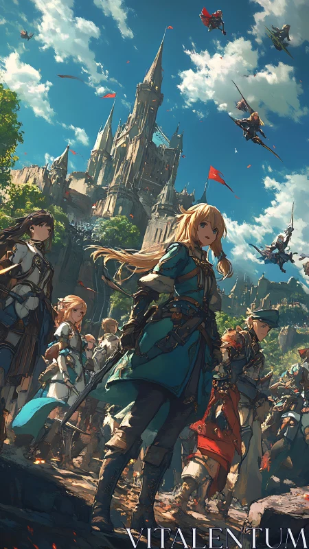 Skybound knights gathering beneath the sunlit citadel.