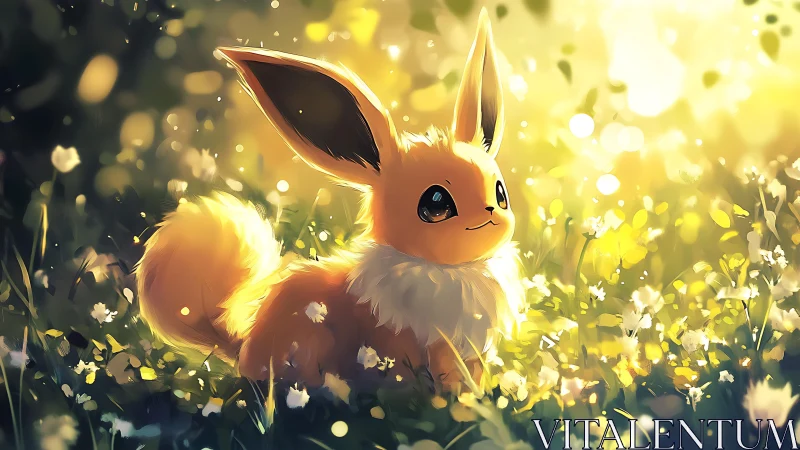 Eevee sits in backlit meadow with diffuse warm lighting