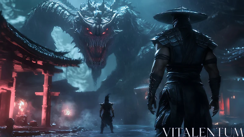 Warrior confronts colossal dragon amid burning temple ruins