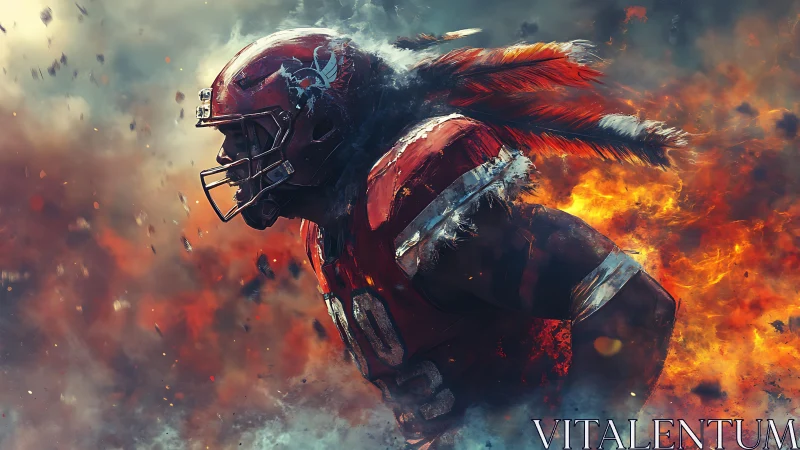 Fiery gridiron warrior charges forward through swirling flames