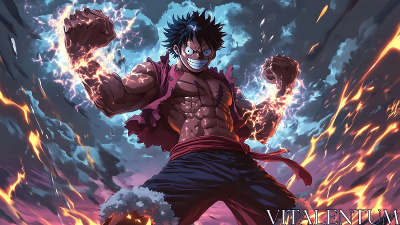 Storm-fisted pirate cracks thunder through a burning sky