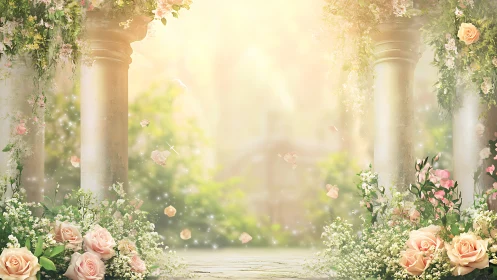 Softly glowing rose garden doorway to a secret morning.